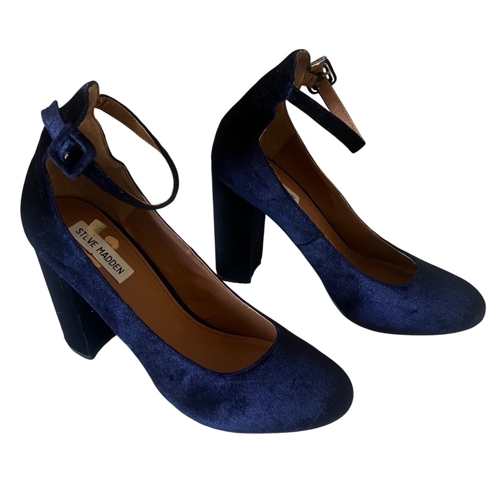 Steve Madden Navy Blue Velvet Block Heel Ankle Strap Pumps‎ Round Toe Womens
